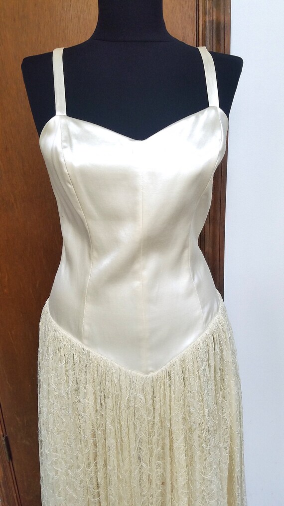 Norma Kamali Ivory Cream Satin Lace Dress 1980s Vi