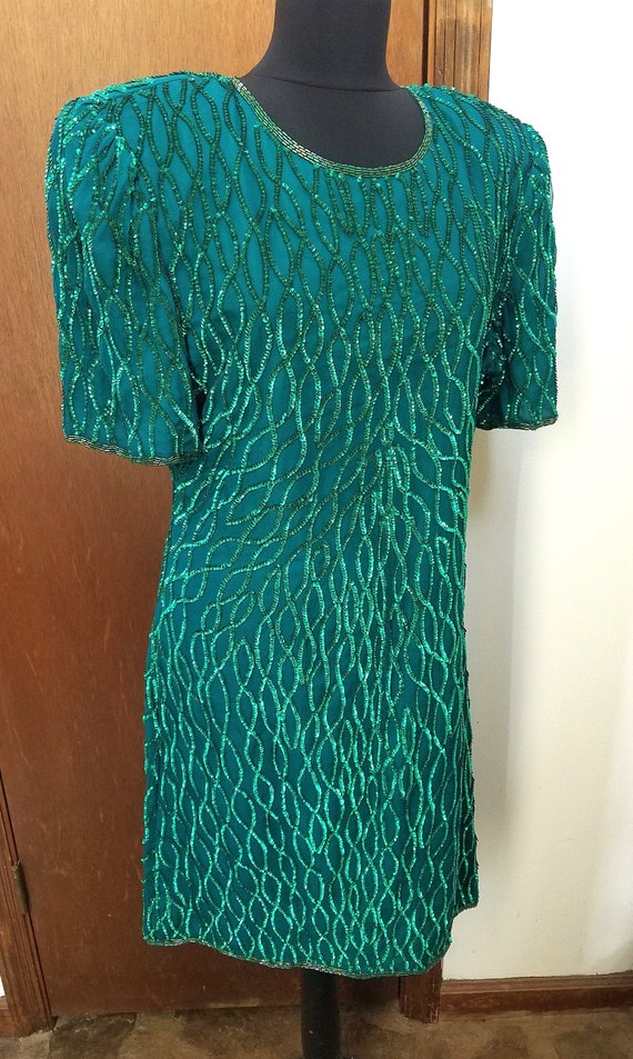 Silk Dress Green Sequins Laurence Kazar XL Holiday