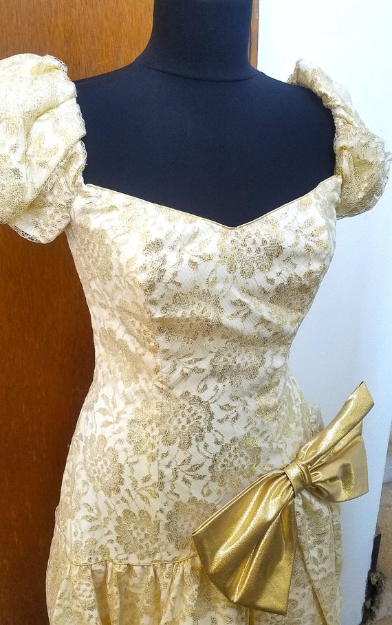 Gold White 80s Asymmetrical Vintage Dress, Big Bow