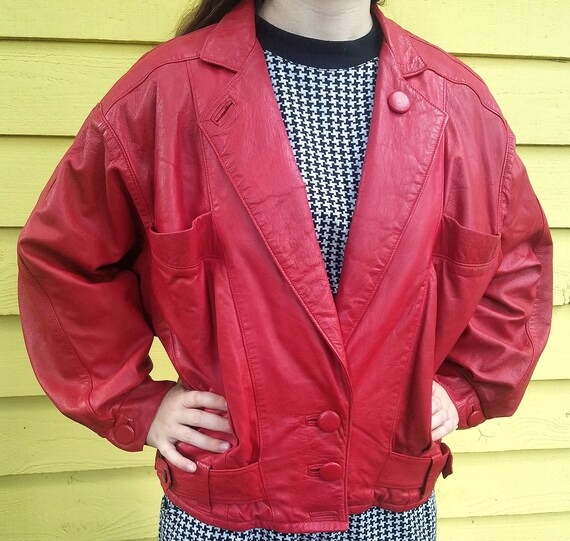 Red Leather Jacket Dolman Sleeves Big Buttons 1980