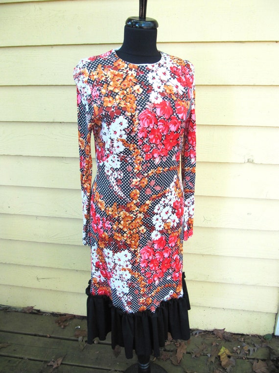 Arnel Floral Print Dress Black Ruffle Size 38 1980