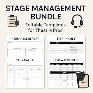 Stage Management Template Bundle - Digital Theatre Cue Sheets, Daily Call, Sign-In & Rehearsal Report Forms for Stage Managers