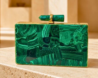 Green Malachite Gemstone Clutch Bag | Designer Handmade Wedding Minaudiere Purse for Brides | Women's Natural Stone Luxury Evening Handbag