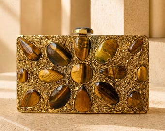 Golden Tiger Eye Gemstone Clutch Handbag | Designer Luxury Minaudiere Purse in Natural Stone | Women's Handmade Evening Bag for Weddings