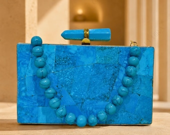 Original Turquoise Gemstone Clutch purse | Natural Firoza Inlaid Evening Bag | Turkey Turquoise Stone Shoulder bag | Bridal Gems handbag
