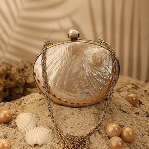 Real Abalone Iridescent Seashell Purse | Natural Mini Golden Shell handbag | Sea Shell minaudiere Beach Clutch bag | Bridal Off white Purse