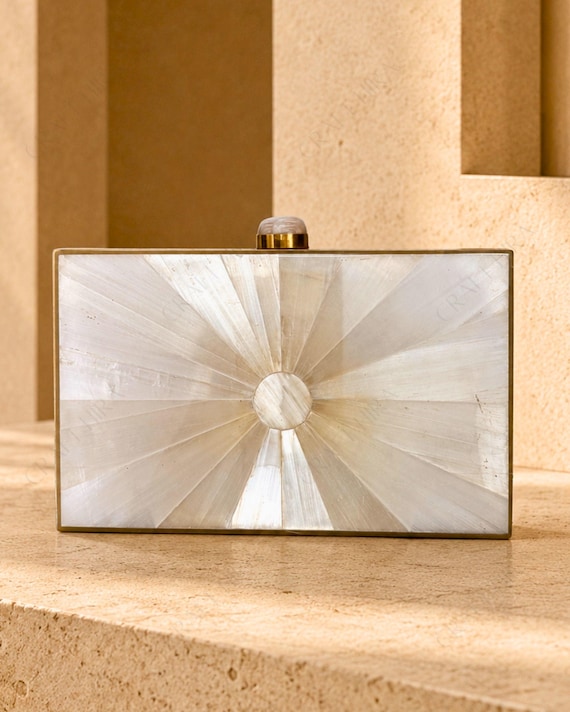 3D Real Selenite inlay Box clutch bag | White Sunburst Luxury unique purse for bridal | High Reflected stone handbag, Super glossy sling bag