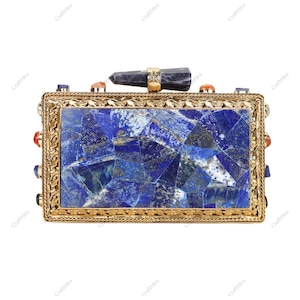 Real Lapis Lazuli Inlay Gemstone Clutch Purse |  Lapis Lazuli Evening Handbag | Natural Gems Stone Embellished Sling bag | Bridal Potli bag