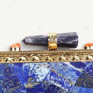 Real Lapis Lazuli Inlay Gemstone Clutch Purse | Lapis Lazuli Evening Handbag | Natural Gems Stone Embellished Sling bag | Bridal Potli bag image 4