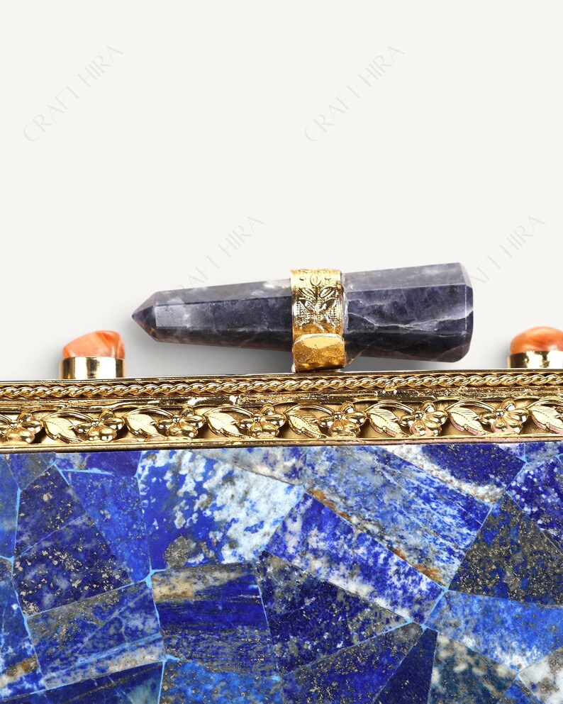 Real Lapis Lazuli Inlay Gemstone Clutch Purse | Lapis Lazuli Evening Handbag | Natural Gems Stone Embellished Sling bag | Bridal Potli bag image 4
