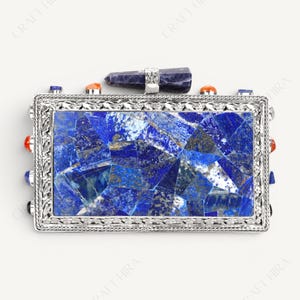 Real Lapis Lazuli Inlay Gemstone Clutch Purse | Lapis Lazuli Evening Handbag | Natural Gems Stone Embellished Sling bag | Bridal Potli bag Silver