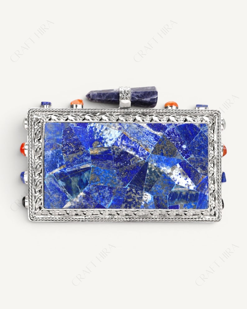 Real Lapis Lazuli Inlay Gemstone Clutch Purse | Lapis Lazuli Evening Handbag | Natural Gems Stone Embellished Sling bag | Bridal Potli bag Silver