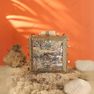Indian Mother of Pearl Clutch Handbag with Gemstone Gold Frame – Luxury Bridal Bag for Women – Designer Wedding Evening Purse | Unique Find