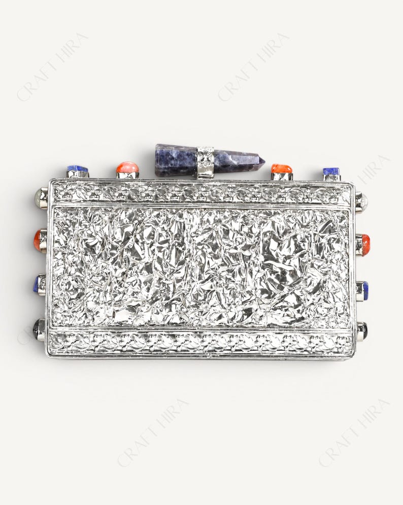 Real Lapis Lazuli Inlay Gemstone Clutch Purse | Lapis Lazuli Evening Handbag | Natural Gems Stone Embellished Sling bag | Bridal Potli bag image 10