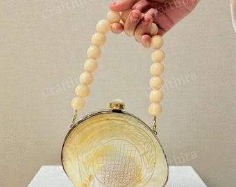 Real Natural Shell Minaudiere Clutch Bag | Hand Carved Shell bridal Purse | Yellow wedding handbag | Indian Gold seashell crossbody bag