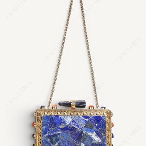 Real Lapis Lazuli Inlay Gemstone Clutch Purse | Lapis Lazuli Evening Handbag | Natural Gems Stone Embellished Sling bag | Bridal Potli bag image 6