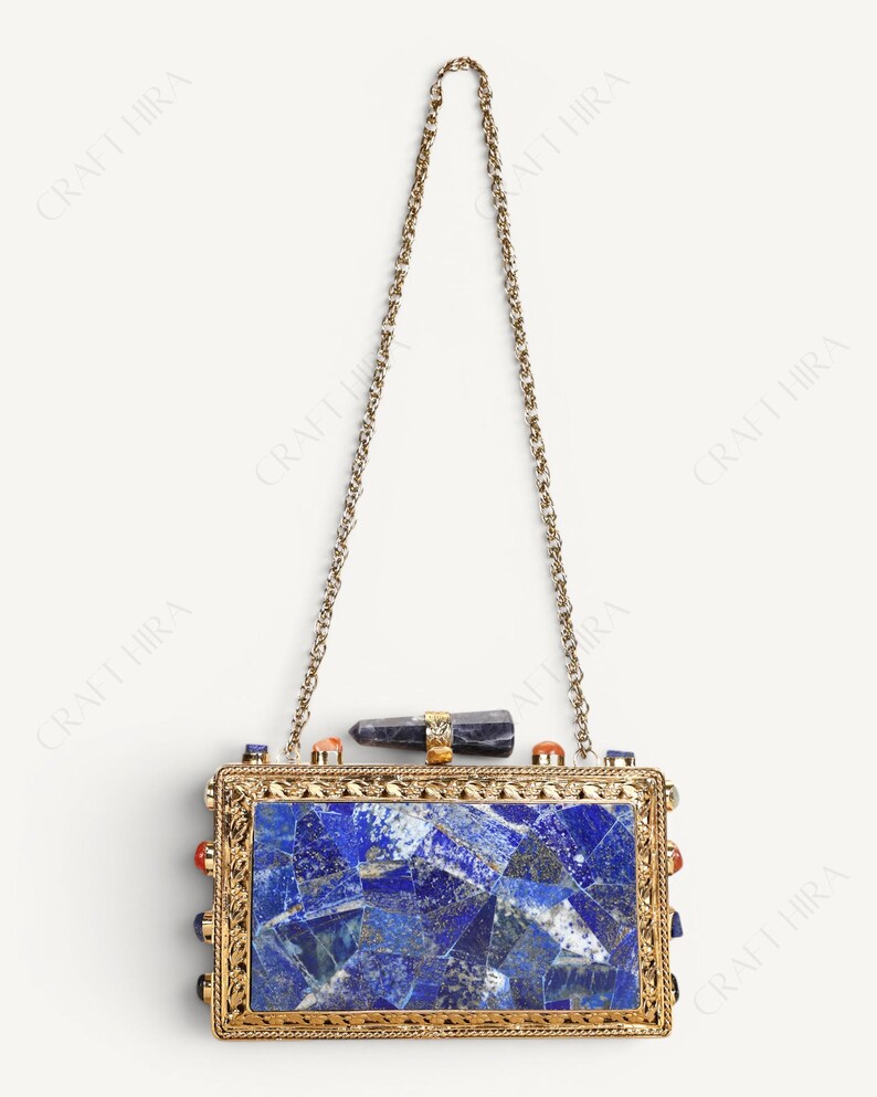 Real Lapis Lazuli Inlay Gemstone Clutch Purse | Lapis Lazuli Evening Handbag | Natural Gems Stone Embellished Sling bag | Bridal Potli bag image 6