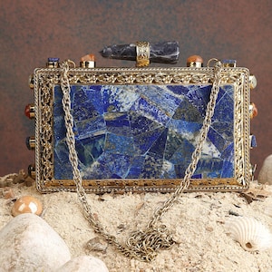 Real Lapis Lazuli Inlay Gemstone Clutch Purse | Lapis Lazuli Evening Handbag | Natural Gems Stone Embellished Sling bag | Bridal Potli bag Golden