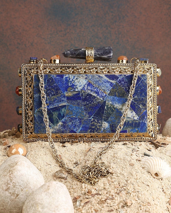 Real Lapis Lazuli Inlay Gemstone Clutch Purse |  Lapis Lazuli Evening Handbag | Natural Gems Stone Embellished Sling bag | Bridal Potli bag