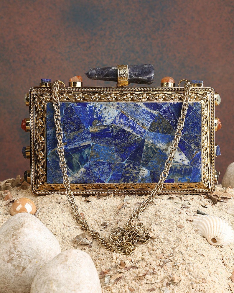 Real Lapis Lazuli Inlay Gemstone Clutch Purse | Lapis Lazuli Evening Handbag | Natural Gems Stone Embellished Sling bag | Bridal Potli bag Golden