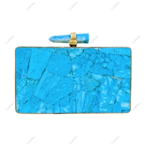 Original Turquoise Gemstone Clutch purse | Natural Firoza Inlaid Evening Bag | Turkey Turquoise Stone Shoulder bag | Bridal Gems handbag