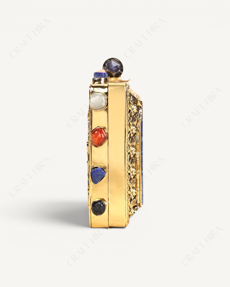 Real Lapis Lazuli Inlay Gemstone Clutch Purse | Lapis Lazuli Evening Handbag | Natural Gems Stone Embellished Sling bag | Bridal Potli bag image 8