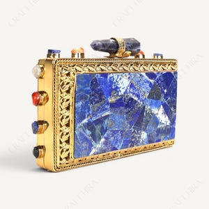 Real Lapis Lazuli Inlay Gemstone Clutch Purse | Lapis Lazuli Evening Handbag | Natural Gems Stone Embellished Sling bag | Bridal Potli bag image 5
