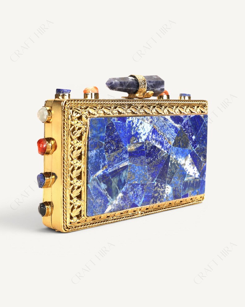 Real Lapis Lazuli Inlay Gemstone Clutch Purse | Lapis Lazuli Evening Handbag | Natural Gems Stone Embellished Sling bag | Bridal Potli bag image 5
