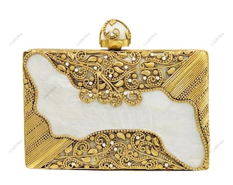 Floral Mother of Pearl Clutch Purse with Gemstone Gold Frame – Elegant Bridal Bag – Handcrafted Luxury Shoulder Purse for Wedding