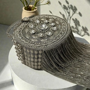 Silver Antique metallic handbag with long fringe | Indian hand crafted Designer Metal potli clutch bag for bridal | unique find