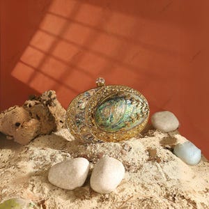 Real Abalone Shell Clutch Handbag with Gold Floral Leaves – Designer Evening Purse – Iridescent Shell Bag for Women | Unique Sea Shell Purse