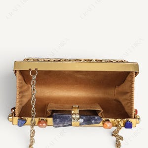Real Lapis Lazuli Inlay Gemstone Clutch Purse | Lapis Lazuli Evening Handbag | Natural Gems Stone Embellished Sling bag | Bridal Potli bag image 7