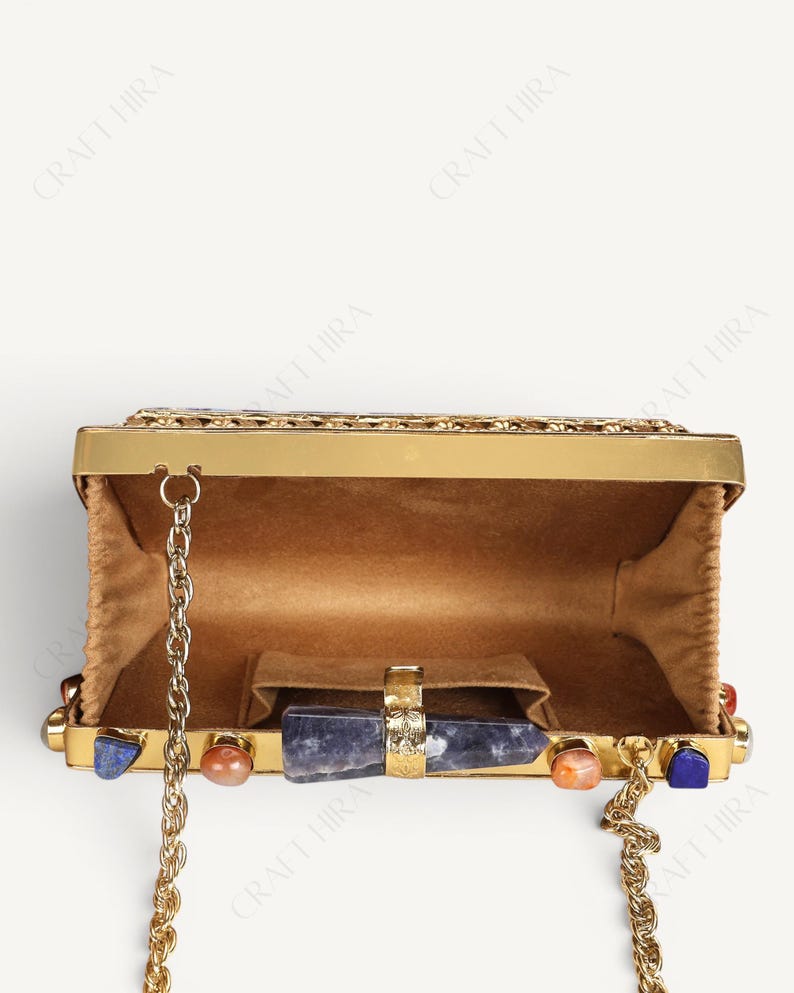 Real Lapis Lazuli Inlay Gemstone Clutch Purse | Lapis Lazuli Evening Handbag | Natural Gems Stone Embellished Sling bag | Bridal Potli bag image 7