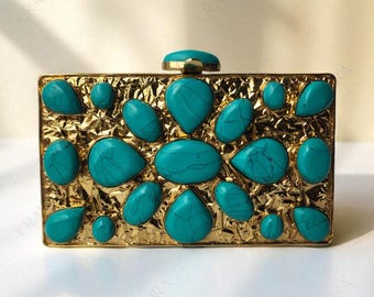 Turquoise Stone Clutch Bag for Women – Luxury Golden Evening Purse, Bridal Party Handbag, Handmade Designer Wedding & Cocktail Bag