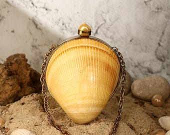 Real Mini Yellow Cardinal Cockle Seashell Clutch Purse – Natural unique Shell Bag – Mermaid Ocean-Inspired Shell Handbag | Cream shell bag