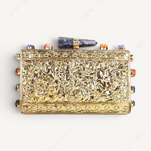 Real Lapis Lazuli Inlay Gemstone Clutch Purse | Lapis Lazuli Evening Handbag | Natural Gems Stone Embellished Sling bag | Bridal Potli bag image 9