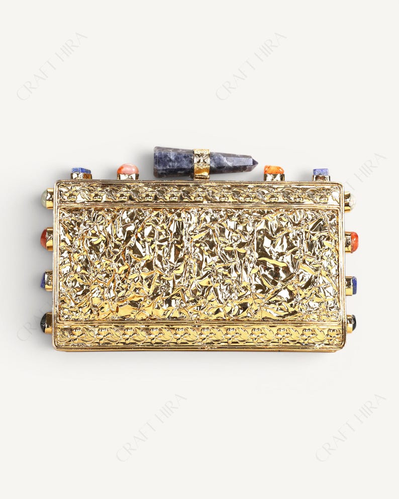 Real Lapis Lazuli Inlay Gemstone Clutch Purse | Lapis Lazuli Evening Handbag | Natural Gems Stone Embellished Sling bag | Bridal Potli bag image 9