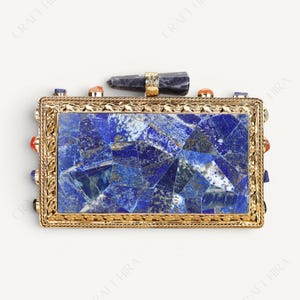 Real Lapis Lazuli Inlay Gemstone Clutch Purse | Lapis Lazuli Evening Handbag | Natural Gems Stone Embellished Sling bag | Bridal Potli bag image 3