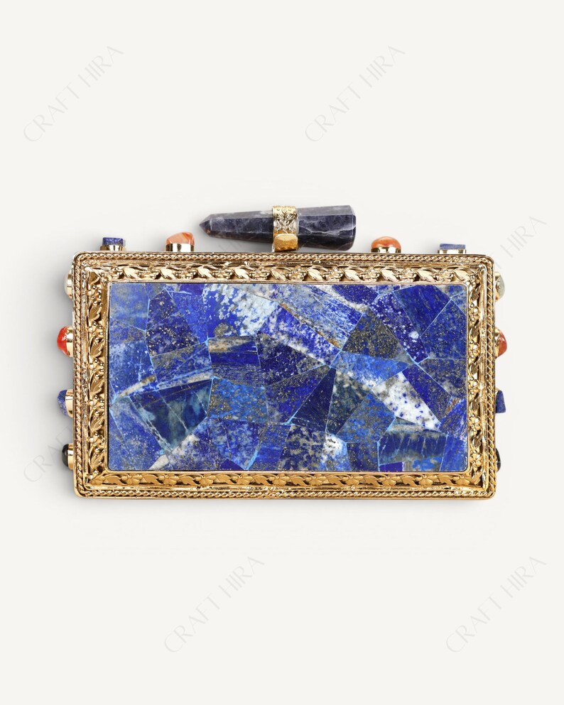 Real Lapis Lazuli Inlay Gemstone Clutch Purse | Lapis Lazuli Evening Handbag | Natural Gems Stone Embellished Sling bag | Bridal Potli bag image 3