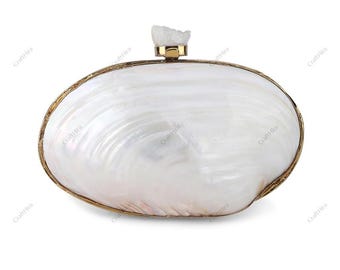 Real Pearl Clam Sea Shell Clutch Purse | Natural SeaShell Minaudiere Bridal Handbag | Mother of pearl Evening Bag | Beach Sling Shoulder bag