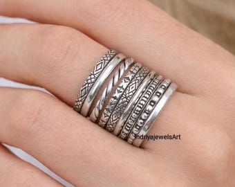 Juego de 9 anillos apilables de plata esterlina: anillos de banda en capas estilo bohemio.