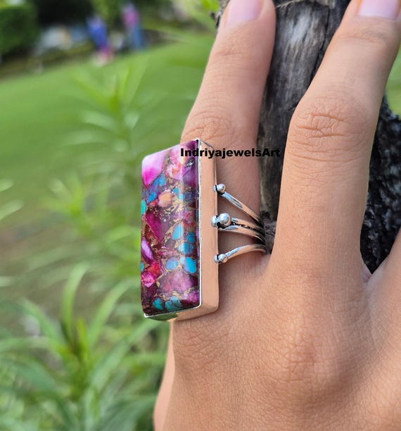 Bold Rectangle Purple Turquoise Ring – Handmade S… - image 8
