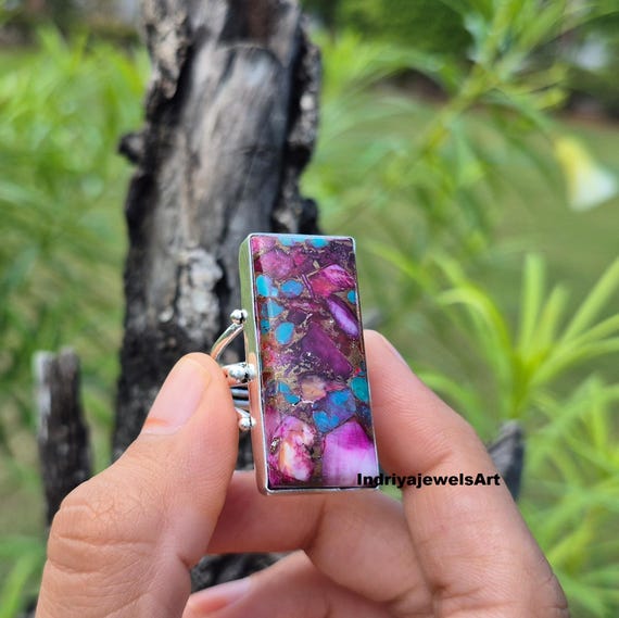 Bold Rectangle Purple Turquoise Ring – Handmade S… - image 3