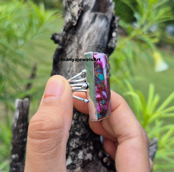 Bold Rectangle Purple Turquoise Ring – Handmade S… - image 4