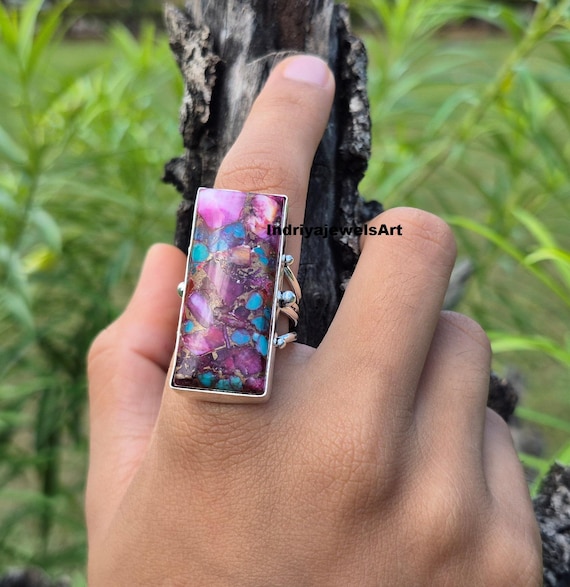 Bold Rectangle Purple Turquoise Ring – Handmade S… - image 7
