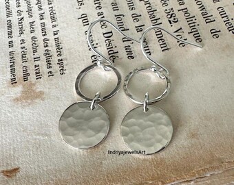 Elegant Double Circle Drop Earrings-Handmade Silver Hoop Earrings.