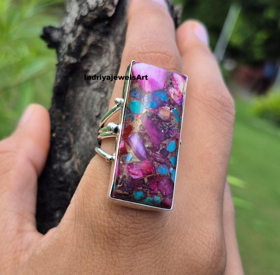Bold Rectangle Purple Turquoise Ring – Handmade S… - image 10