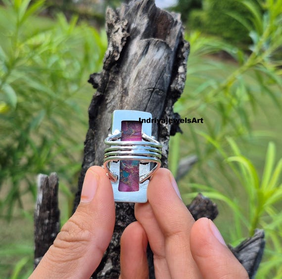 Bold Rectangle Purple Turquoise Ring – Handmade S… - image 9