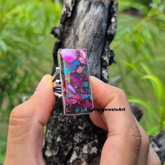 Bold Rectangle Purple Turquoise Ring – Handmade S… - image 1