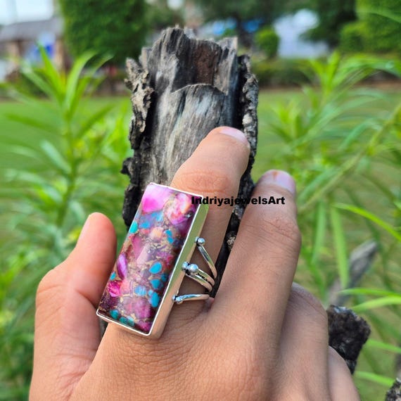 Bold Rectangle Purple Turquoise Ring – Handmade S… - image 6